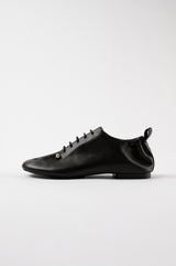ALBA - Black Leather Laced Flat Shoes