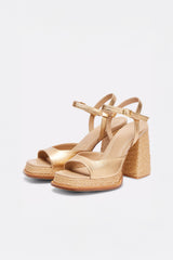 GRACIA - Gold Leather and Raffia Platform Sandals
