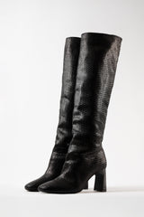 ROBERTA - Black Woven Leather Knee-High Boots