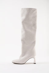 ROBERTA - White Woven Leather Knee-High Boots