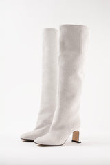 ROBERTA - White Woven Leather Knee-High Boots
