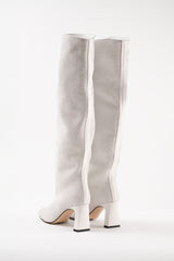 ROBERTA - White Woven Leather Knee-High Boots
