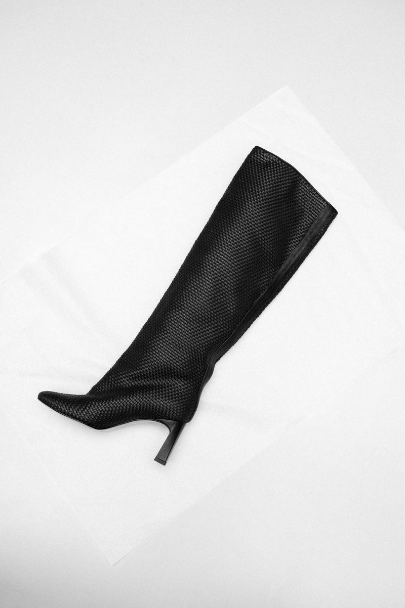 ROBERTA - Black Woven Leather Knee-High Boots