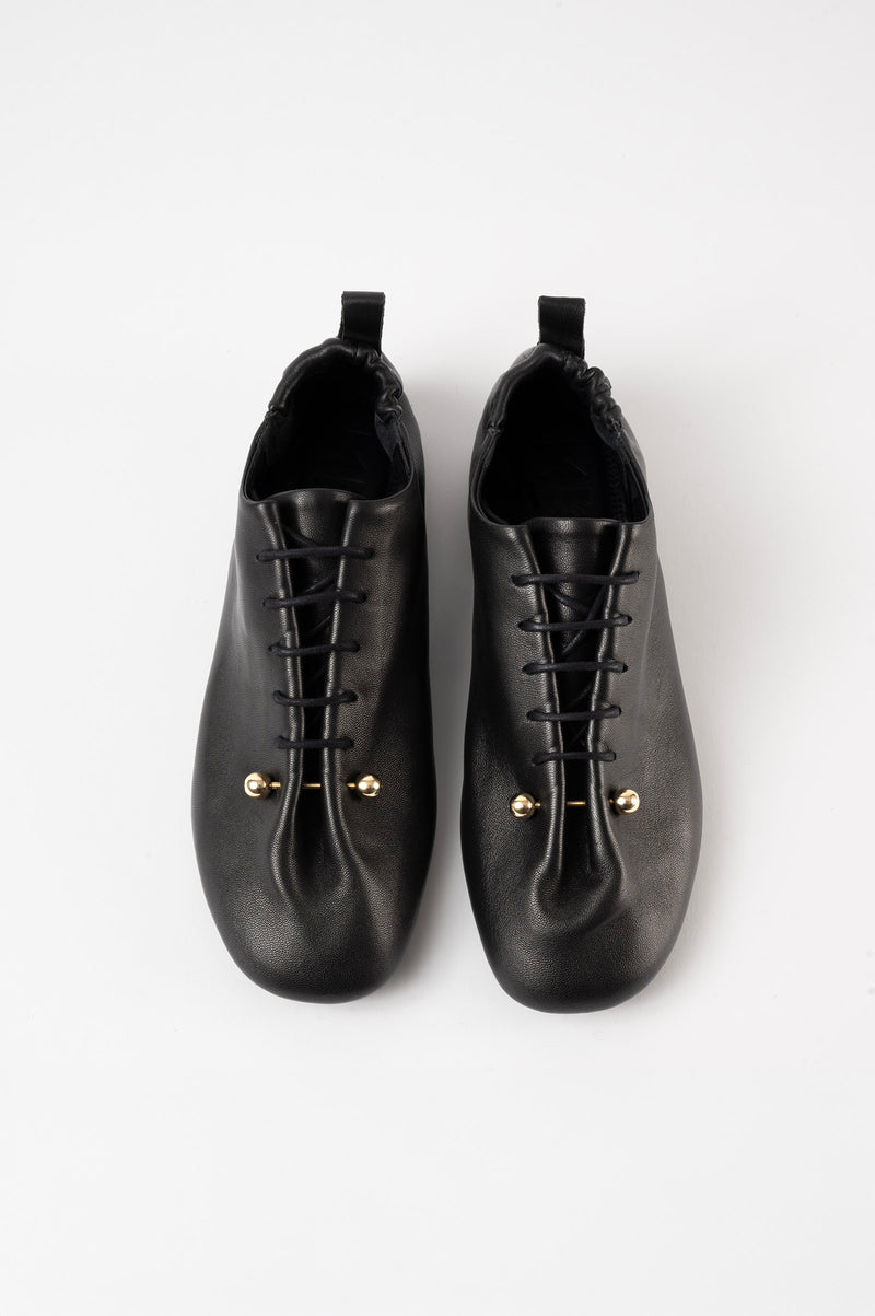 ALBA - Black Leather Laced Flat Shoes