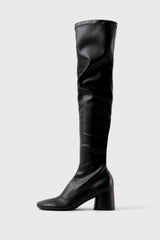 ERIKA - Black Faux Stretch Leather Knee-High Boots