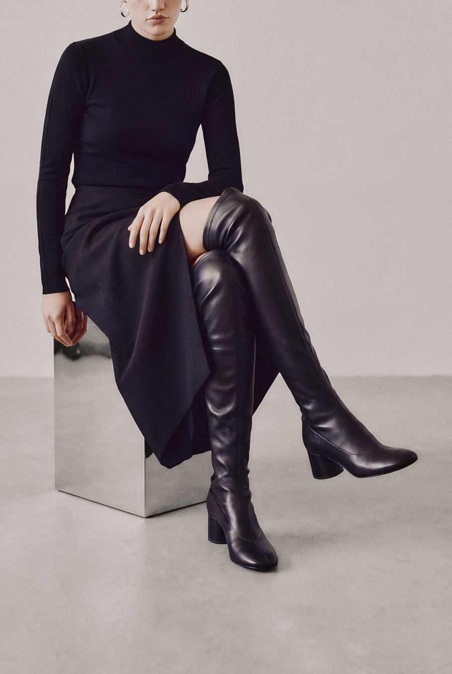 ERIKA - Black Faux Stretch Leather Knee-High Boots