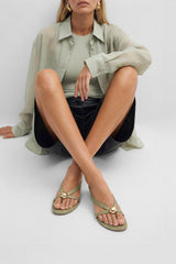 ESTELA - Light Green Leather With Embellishment Sandals
