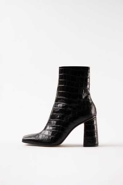 GALEA - Black Faux Croco Leather Ankle Boots