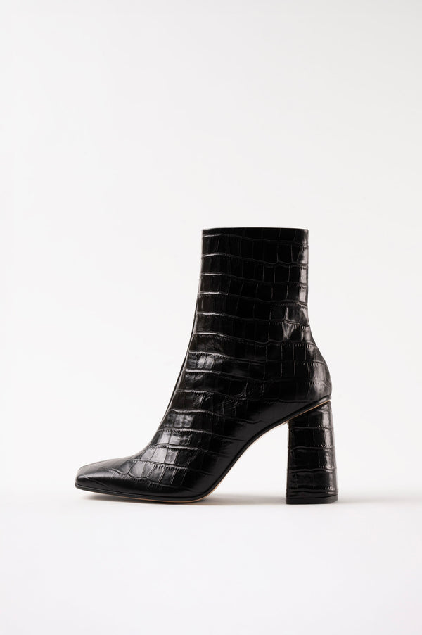 GALEA - Black Faux Croco Leather Ankle Boots