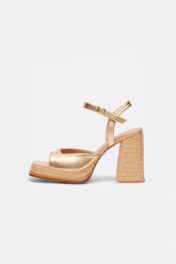 GRACIA - Gold Leather and Raffia Platform Sandals