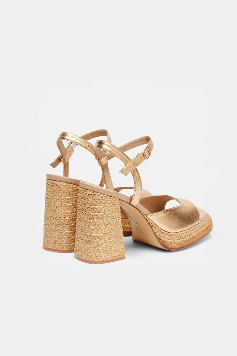GRACIA - Gold Leather and Raffia Platform Sandals