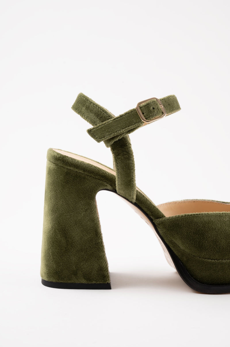 GRACIA - Green Khaki Velvet Platform Sandals