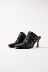 JACINTA - Black Woven Leather Platform Mules