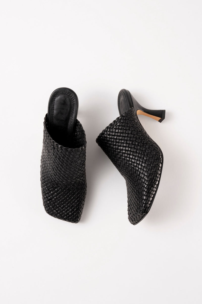 JACINTA - Black Woven Leather Platform Mules