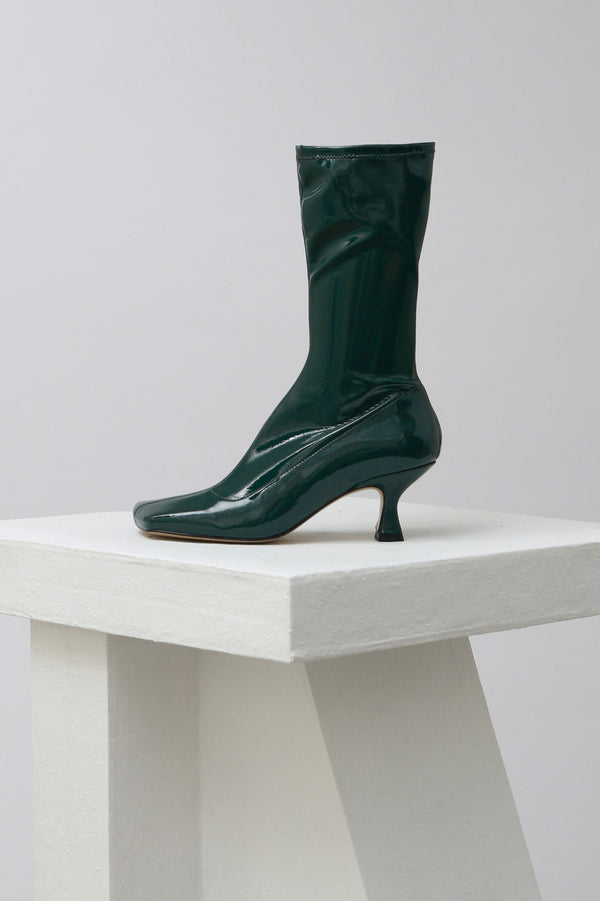 LOLA - Green Patent Stretch Faux Leather Ankle Boots