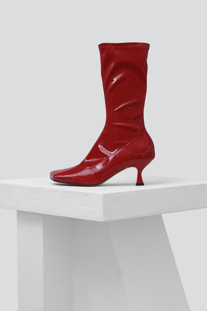 LOLA - Red Patent Stretch Faux Leather Ankle Boots