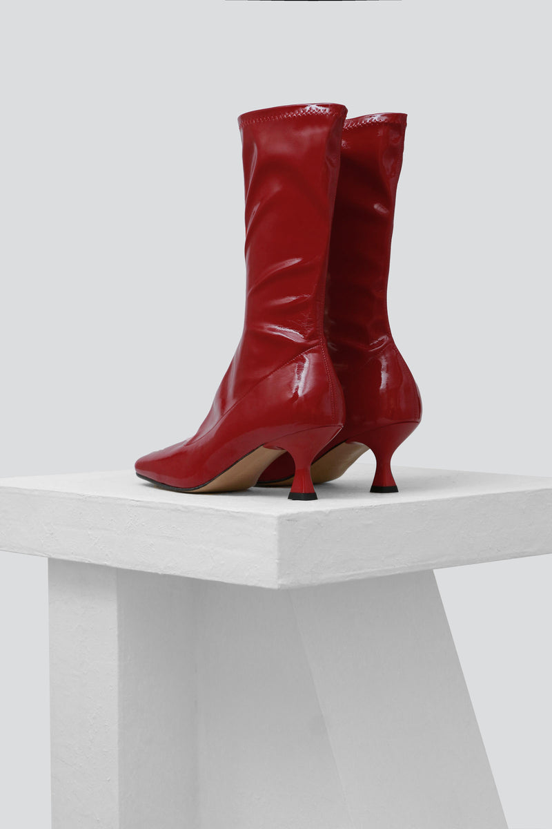 LOLA - Red Patent Stretch Faux Leather Ankle Boots