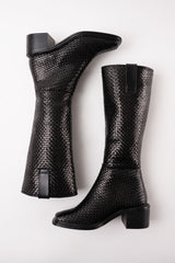 OLIVIA - Black Woven Leather Knee-High Boots
