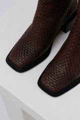 OLIVIA - Chocolate Woven Leather Knee-High Boots
