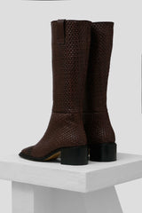 OLIVIA - Chocolate Woven Leather Knee-High Boots