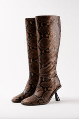 RIANA - Dark Brown Python Leather Knee High Boots