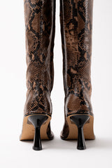 RIANA - Dark Brown Python Leather Knee High Boots