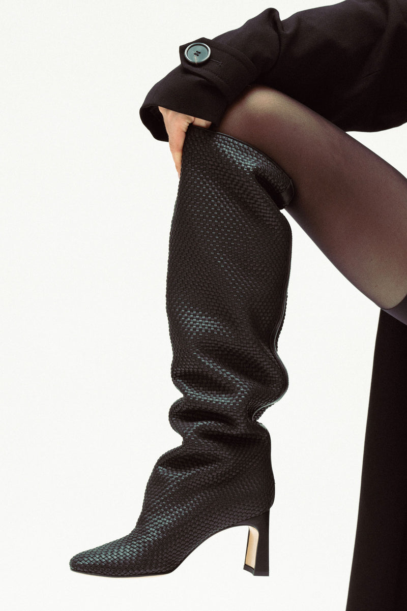 ROBERTA - Black Woven Leather Knee-High Boots