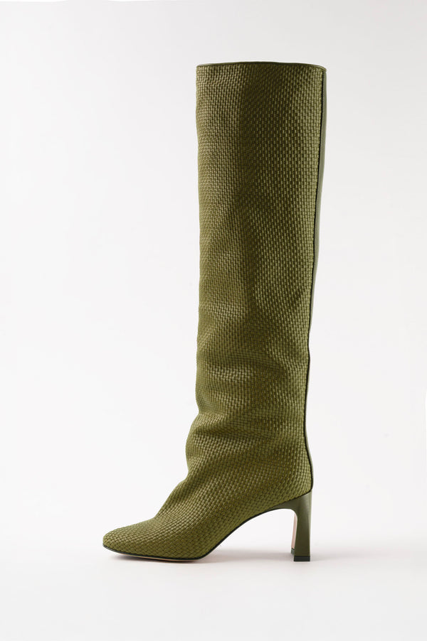 ROBERTA - Green Woven Leather Knee-High Boots