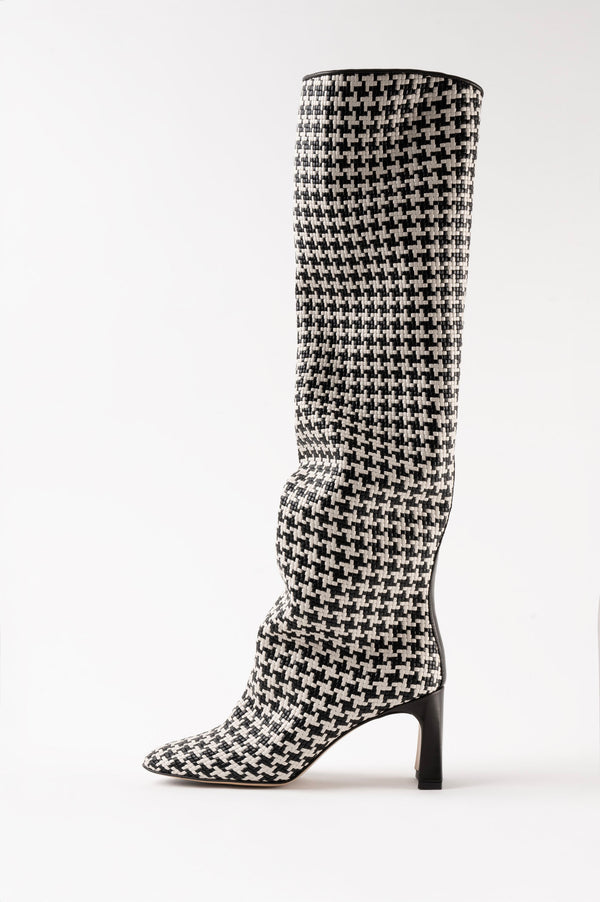 ROBERTA - Pied De Poule Woven Leather Knee-High Boots