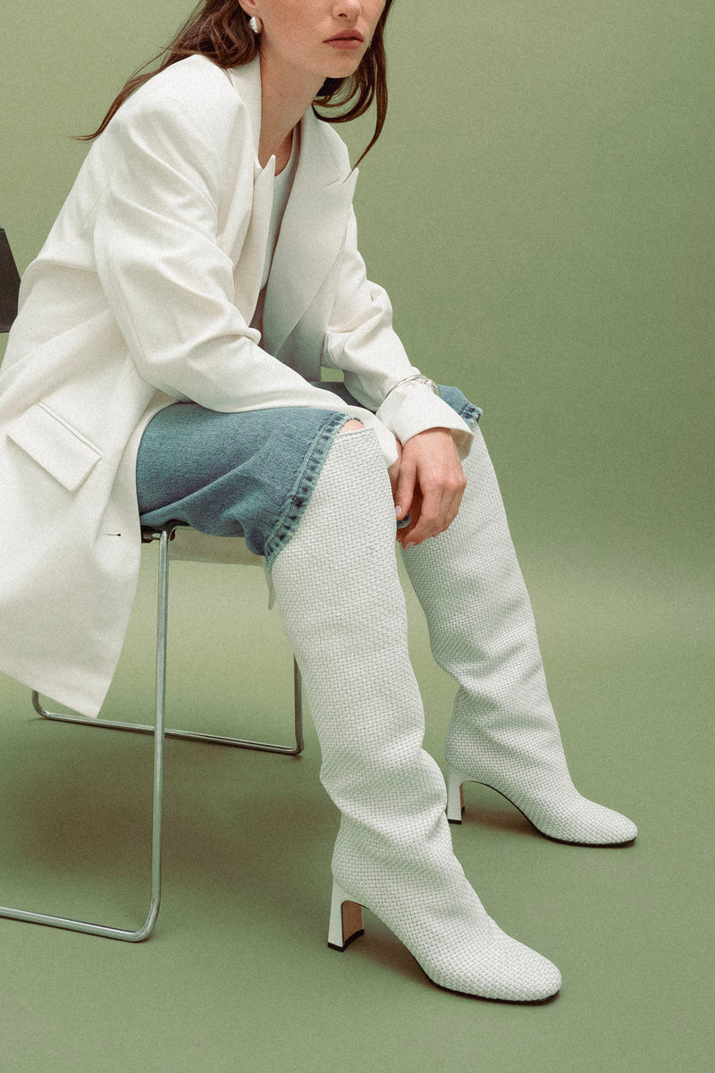 ROBERTA - White Woven Leather Knee-High Boots