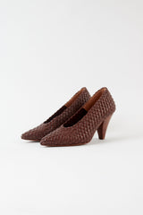 SAMIA - Dark Brown Woven Leather Pumps
