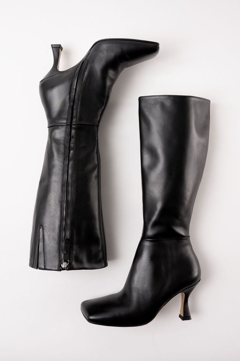 SONIA - Black Leather Knee-High Boots