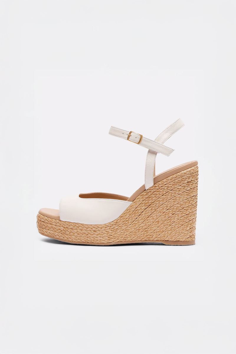 SUMMER - White Leather and Raffia Platform Sandals