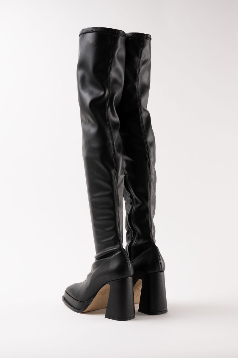 VELVET - Black Faux Stretch Leather Thigh-High Boots