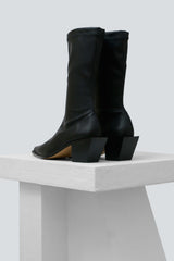 VERA - Black Faux Stretch Leather Mid-Calf Boots