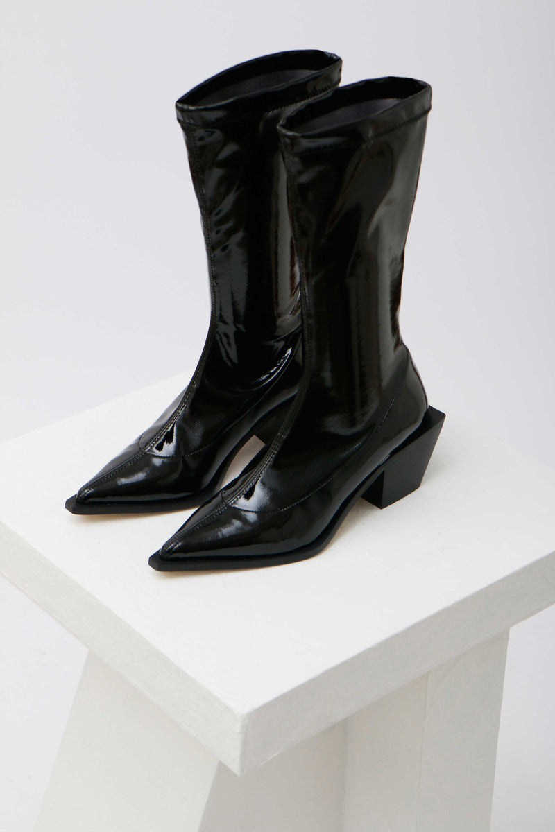 VERA - Black Patent Stretch Leather Mid-Calf Boots