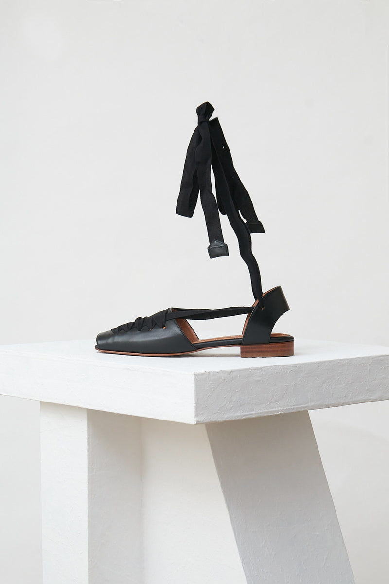 SARDANA - Black Leather Espadrille with Ankle Straps