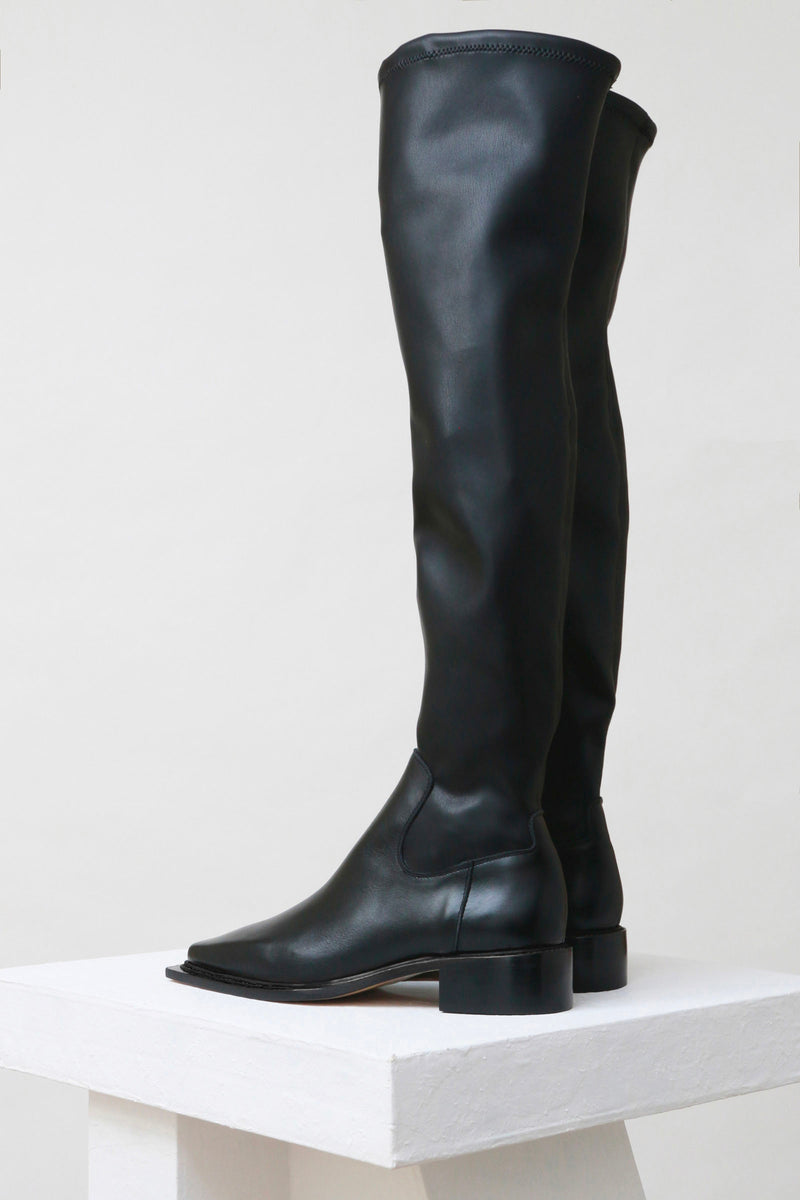 ARAVACA - Black Stretch Leather Thigh-High Boots