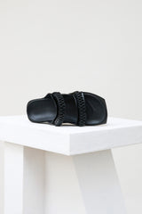 BOGATELL - Black Polished Leather Slides with Lanyard