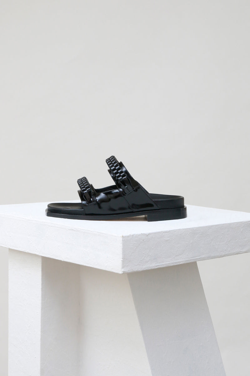 BOGATELL - Black Polished Leather Slides with Lanyard