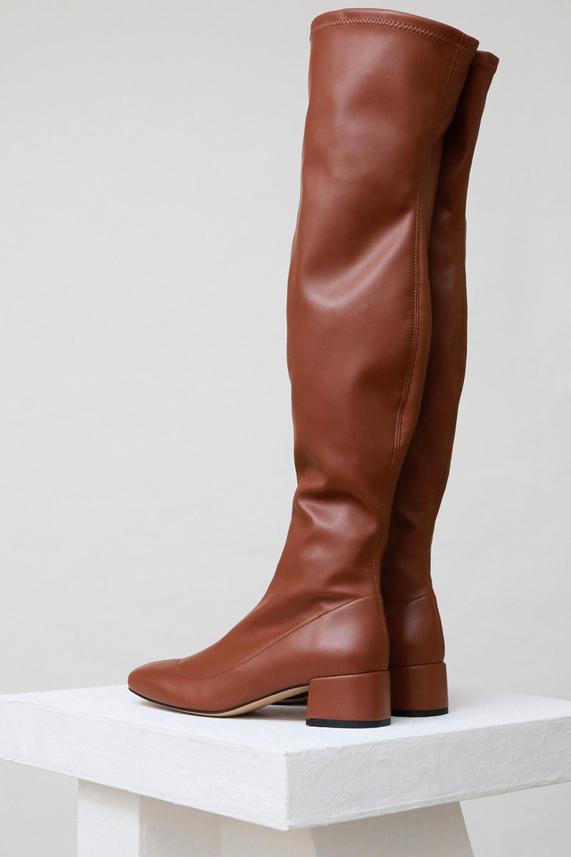 MONCLOA - Cognac Faux Stretch-Leather Thigh-High Boots