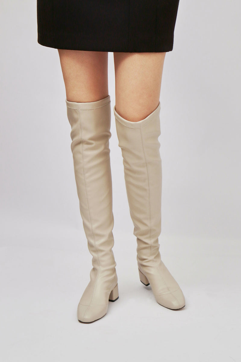 MONCLOA - Off-White Faux Stretch-Leather Thigh-High Boots