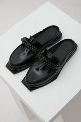 TETUAN - Black Polished Leather Loafer Mules with Lanyard