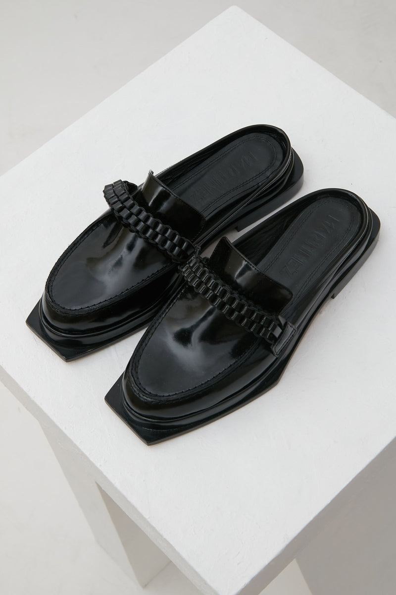 TETUAN - Black Polished Leather Loafer Mules with Lanyard
